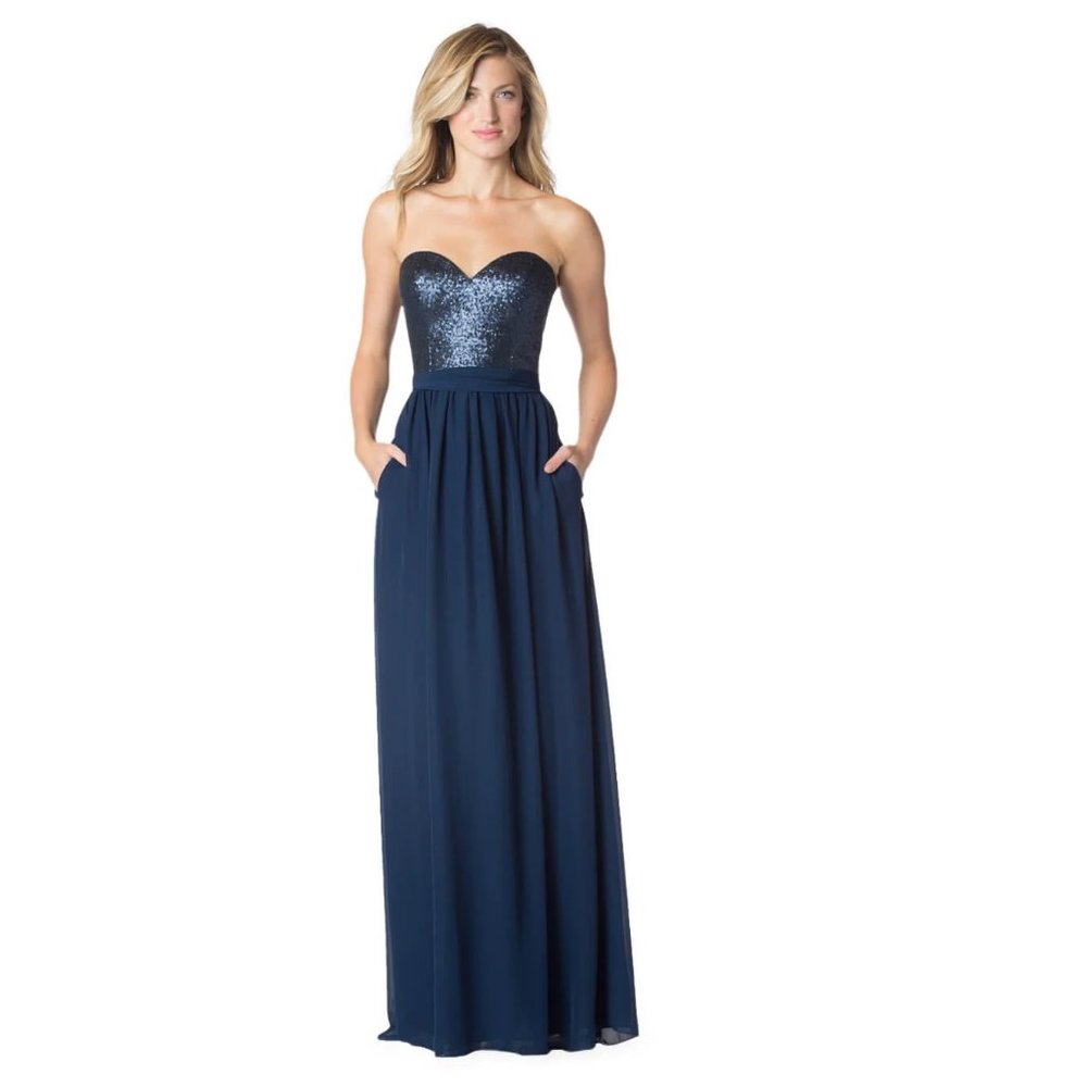 Bari Jay Blue Glitter Bodice Chiffon Sequin Evening Wedding Dress P3391